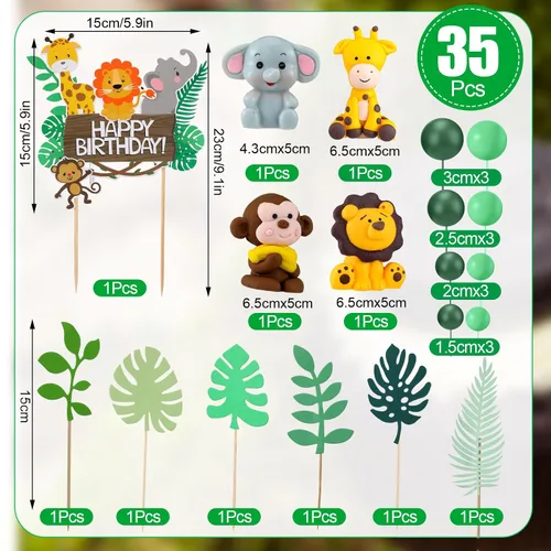Vista 3 de 36 piezas de decoración de pastel de safari con hojas, decoración de elefante, cumpleaños, decoración para tartas, animales de la selva, decoración
