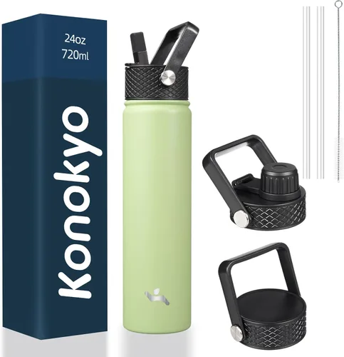Vista 91 de Konokyo - Botella de agua aislada de 18 onzas, botellas deportivas de acero inoxidable con 3 tapas, verde militar