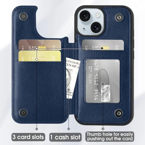 Vista 3 de Arae Funda para iPhone 15 [6.1 pulgadas] - Funda tipo cartera con bolsillos para tarjetas de piel sintética con tapa trasera para iPhone 15 de 6.1