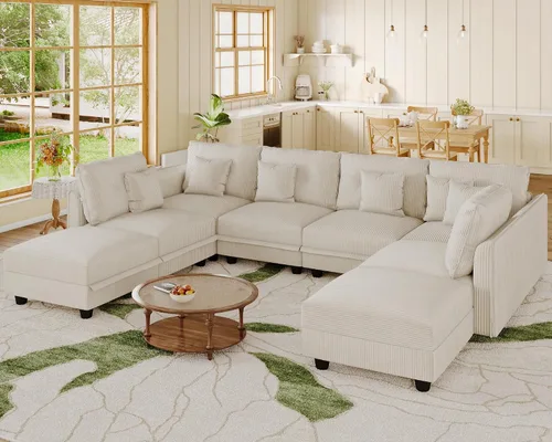Vista 18 de LLappuil Sofá Seccional Modular con Asientos de Almacenamiento, Sofá Modular Convertible de Pana Chaise para Sala de Estar, Sofás de 5 Plazas con 3
