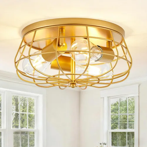 Vista 10 de VILUXY Lámpara de techo industrial negra semiempotrada de 3 luces rústicas con jaula de metal para cocina, sala de estar, comedor, dormitorio