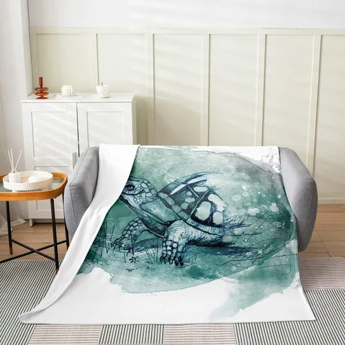 Vista 2 de Manta de tortuga, manta de tortuga marina verde de 40 x 50 pulgadas, manta Sherpa de reptil costero de dibujos animados para sofá, cama, manta