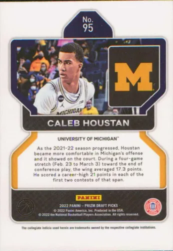 Vista 2 de 2022-23 Panini Prizm Draft Picks #95 Caleb Houstan Michigan Wolverines RC Rookie Basketball Trading Card