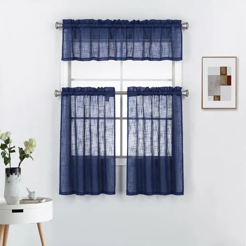 Vista 7 de Juego de 3 piezas de cortinas de ventana de cocina de lino semitransparentes con niveles y cenefa, color taupe. Gris pardo