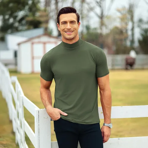 Vista 2 de Men's T Shirt Short Sleeve Basic Mock Turtleneck Tops Verde militar