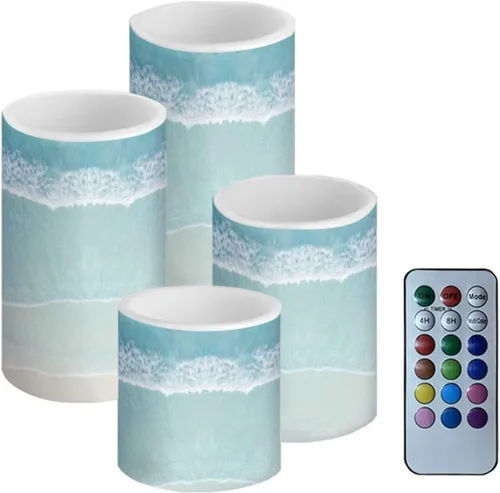 Vista 42 de Velas LED parpadeantes operadas por batería, juego de 4 con control remoto y temporizador, velas de llama danzante, velas de pilar para mesa, Playa