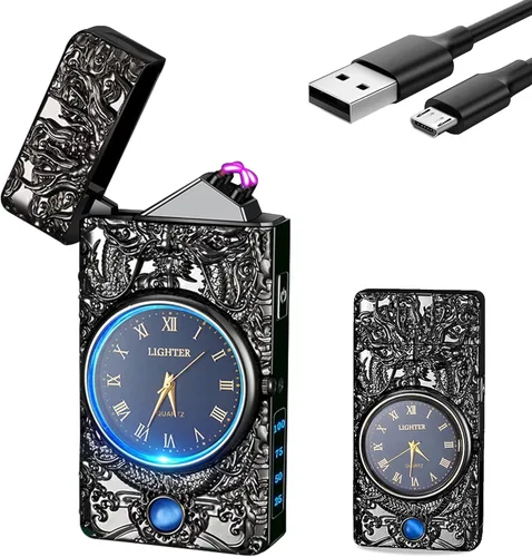 Vista 13 de GADATOP Encendedor eléctrico recargable a prueba de viento, encendedor de plasma con alivio de delfines 3D, reloj integrado con luz LED para uso
