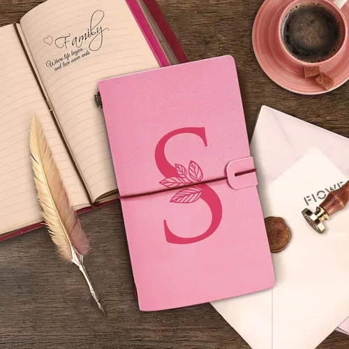 Vista 3 de Diario personalizado para regalo, diario de cuero con inicial rosa + juego de bolígrafo de corazón de diamante, cuaderno de viaje, bloc de notas