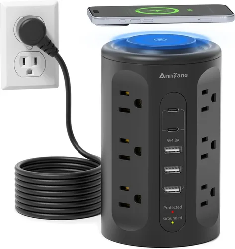 Vista 7 de Torre de tira de alimentación AnnTane con luz nocturna, tira de alimentación con protector de sobretensiones y puertos USB, cable de extensión de 10
