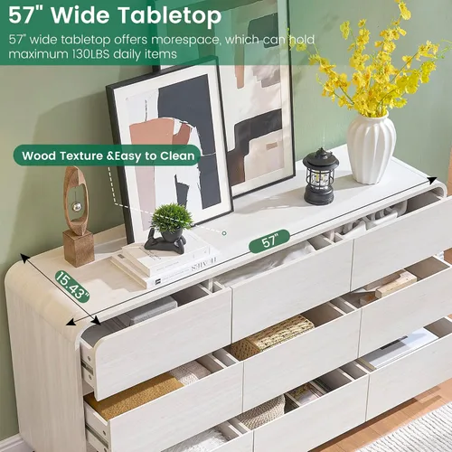 Vista 5 de Standifurno Cómodas blancas de 9 cajones, cómoda cajonera con cajones profundos, cómoda moderna para dormitorio, cajón curvado con gran Blanco