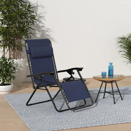 Vista 2 de Sillón de gravedad cero para exteriores con almohada y bandeja de utilidad, reclinable plegable para patio y playa (azul marino)