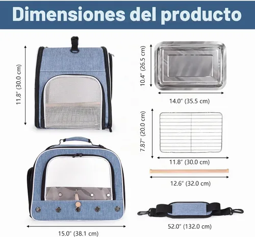 Vista 2 de Transporte de aves para pájaros grandes con bandeja y rejilla para percas Azul (Feather Blue)