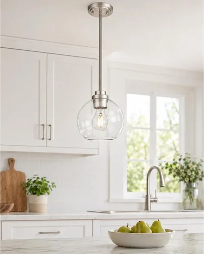 Vista 21 de Luces Colgantes para Isla de Cocina, 7" Luminarias Colgantes Negras y Doradas con Pantalla de Globo de Vidrio Transparente, Iluminación Moderna