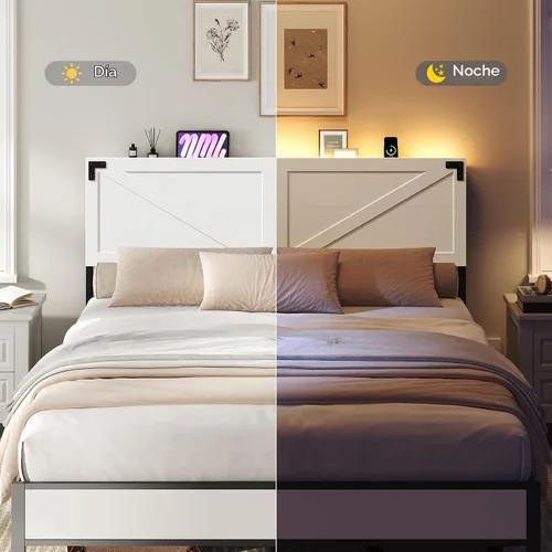 Vista 5 de MAHANCRIS Cabecera Solo Tamaño Queen, Cabecera con 2 Tomacorrientes y 4 Puertos USB, Cabecera Estilo Granja, con Luces LED, Almacenamiento Seguro