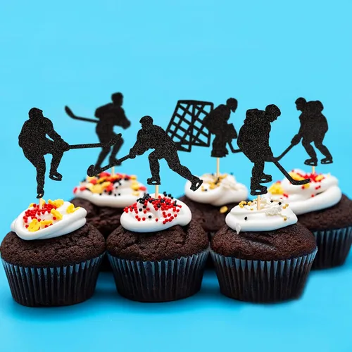 Vista 6 de Ercadio Paquete de 24 adornos de hockey para cupcakes temáticos deportivos, decoraciones para jugadores de hockey, baby shower, suministros