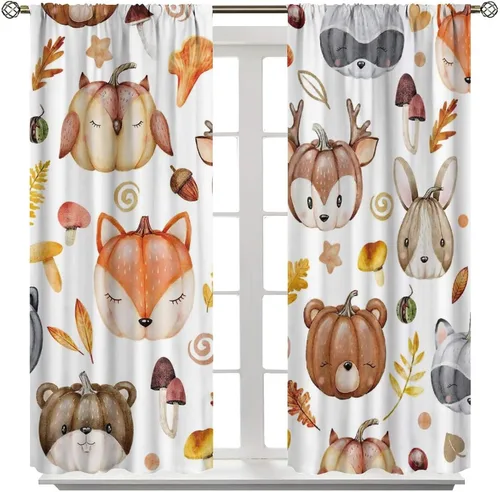Vista 8 de Cortinas de calabaza de animales, lindos dibujos animados de animales del bosque, hojas de otoño y hongos, estampado de hojas y hongos, tratamientos