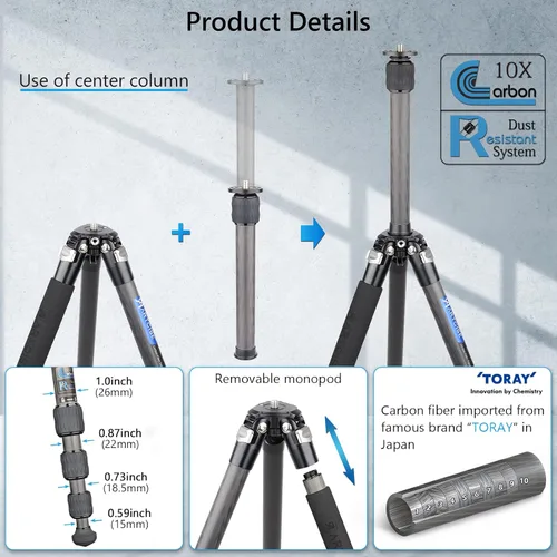 Vista 3 de Trípode compacto de fibra de carbono de 10 capas, soporte de cámara de viaje de carbono, accesorio monopod desmontable, diseño de orificio roscado