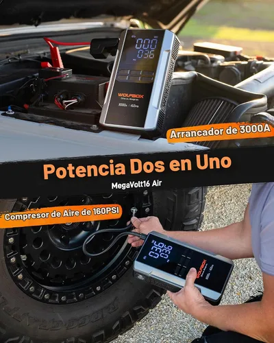 Vista 2 de WOLFBOX MV16A 3000A Arrancador de salto con compresor de aire, batería portátil de 59.2 Why 160PSI para automóvil con carga rápida de 65 W, paquete
