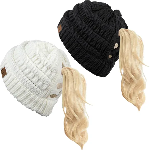 Vista 9 de Funky Junque - Gorro de coleta para mujer – Gorro de invierno con cola de caballo cruzada para mujer, cálidos y lindos gorros de punto con cola