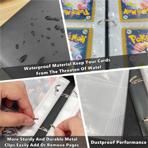 Vista 3 de Carpeta de tarjetas coleccionables de 4 bolsillos, 400 bolsillos para tarjetas de Pokémon con cremallera, 50 fundas compatible con tarjetas Negro