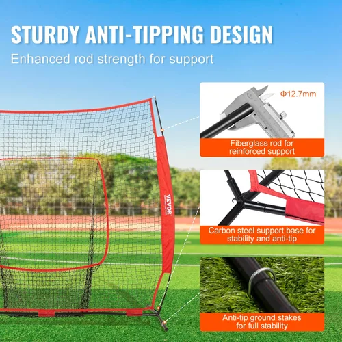 Vista 3 de VEVOR 7x7ft Baseball Softball Practice Net, Portable Baseball Training Net for Hitting Batting Catching Pitching, Backstop Baseball Equipment