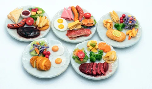 Vista 4 de Juego de comida en miniatura para casa de muñecas hecha a mano, 5 platos realistas, mini accesorios de comida de arcilla seca al aire, decoración
