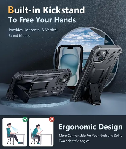 Vista 3 de FNTCASE Funda para iPhone 15 Plus: para iPhone 14 Plus, funda resistente de grado militar para teléfono celular con soporte, protección de TPU a