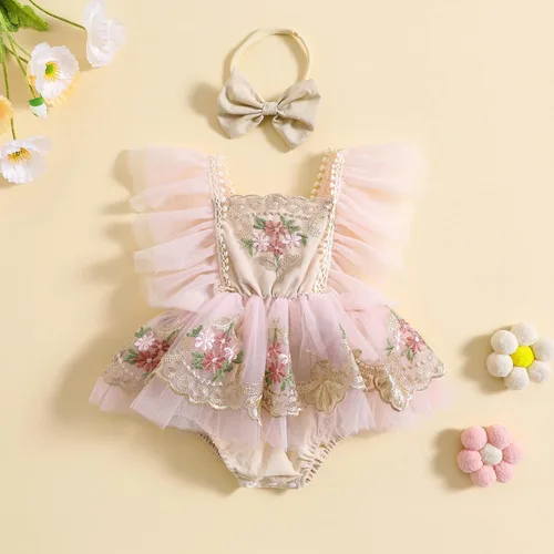 Vista 2 de Ropa de bebé niña Floral Boho Lace Romper Mameluco Mameluco Mono Mono Traje Verano Ropa Bebé Niñas