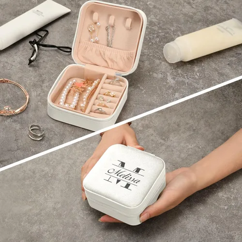Vista 8 de Joyero de viaje personalizado blanco de piel sintética personalizada, caja de joyería portátil, organizador de viaje, pequeña caja de joyería