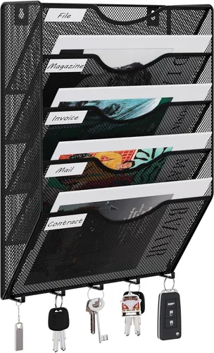 Vista 10 de EasyPAG Office - Carpeta de pared con 3 bolsillos para guardar archivos, organizador de metal para documentos Negro