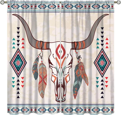 Vista 18 de YCness Cortinas aztecas para dormitorio, decoración geométrica étnica del suroeste para sala de estar, diseño tribal bohemio de elefante nativo