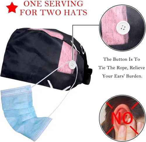Vista 2 de Working Cap with Buttons Sweatband Ribbon Tie Back Bouffant Hats, Blue Butterfly Stars Artistic