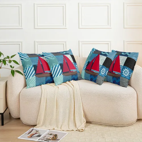 Vista 5 de Funda de almohada con temática oceánica de 22 x 22 pulgadas, funda de almohada roja náutica para sala de estar, funda de cojín geométrica de rayas