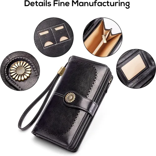Vista 6 de INSIFEEL Carteras para mujer de gran capacidad con protección RFID monedero de cuero genuino Negro Retro