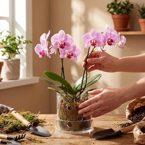 Vista 4 de Maceta de orquídea acrílica transparente de 4 pulgadas con agujeros redondos de 360° y bandeja