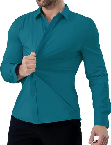 Vista 5 de ZAFUL Camisas de vestir elásticas y ajustadas para hombre, de manga larga, con botones, casual, de algodón