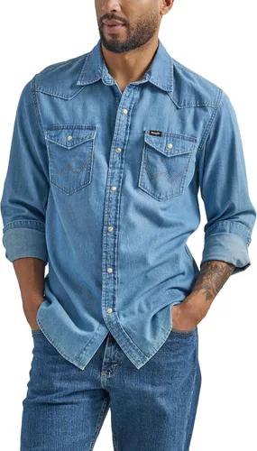 Vista 8 de Wrangler Camisa icónica de ajuste regular para hombre Mezclilla (Rinse Denim)
