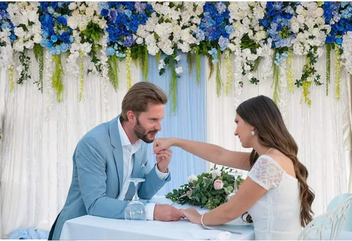 Vista 3 de Telón de fondo de poliéster de 5 x 3 pies, flores blancas y azules, decoración floral, fondo de fotografía, cortina azul y blanco, ceremonia