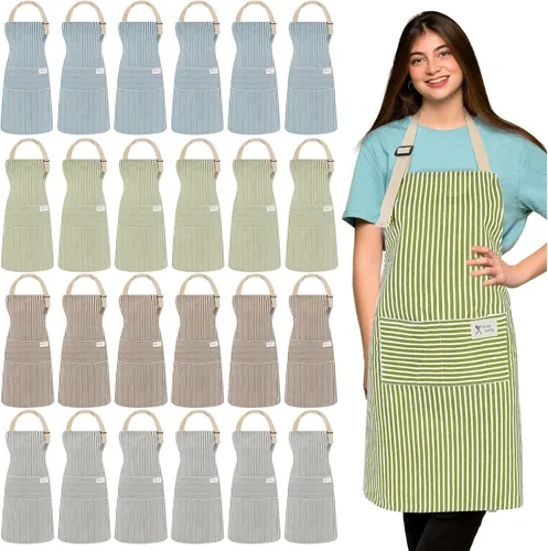 Vista 21 de Janmercy 24 delantales para mujeres y hombres con 2 bolsillos, delantal de cocina de lino, delantal ajustable para chef, delantales a granel unisex