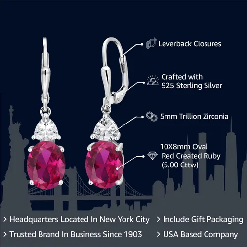 Vista 2 de Gem Stone King 4-6 Cttw Leverback Dangle Earrings For Women Gemstone Birthstone 925 Sterling Silver Oval 10X8MM Trillion 5MM Elegant Drop