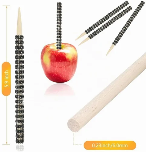 Vista 4 de 32 PIEZAS de Palitos de Manzana de Caramelo Brillantes de Bambú, Brochetas de Punta de Madera con Envoltura de Malla de Diamantes y Pedrería Negro