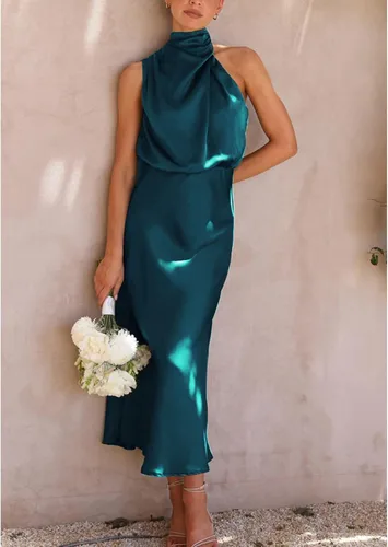 Vista 2 de Bydezcon Women Satin Cocktail Dress Date Night Dresses Long Satin Dress Mock Neck Wedding Guest Party Formal Prom Dress