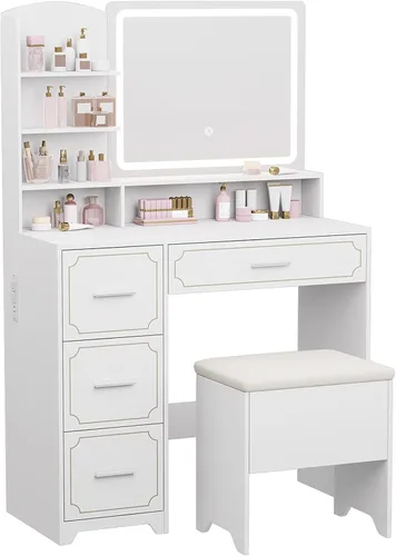 Vista 9 de Mesa de tocador con espejo LED y toma de corriente, 5 estantes abiertos, 4 cajones, incluye taburete acolchado, tocador de maquillaje ideal