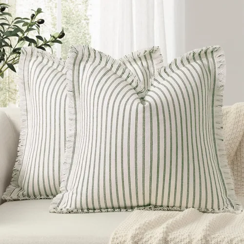 Vista 22 de Fundas de almohada ZWJD de 16 x 16 pulgadas, juego de 2 fundas de almohada a rayas con borlas, fundas de almohada de algodón chic, fundas de cojín