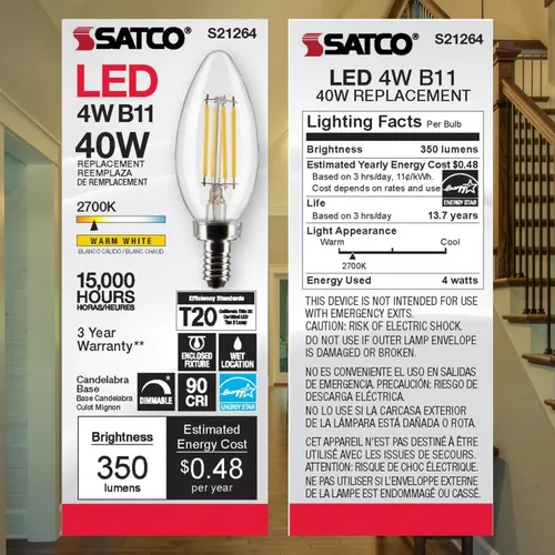 Vista 8 de Satco Lámpara LED, S21264 4B11/LED/927/CL/120V/E12, bombilla B11 de 4 W, transparente; base de candelabro; 90 CRI; 2700 K; 120 voltios