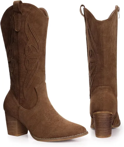 Vista 6 de SHIBEVER Botas vaqueras para mujer 2025 botas vaqueras negras a media pantorrilla, botas vaqueras bordadas occidentales de tacón alto con punta