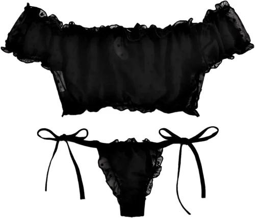 Vista 2 de SheIn Conjunto de lencería de malla Dobby con ribete de volantes para mujer