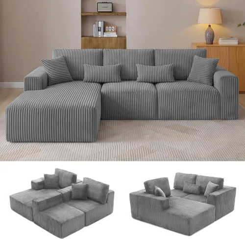 Vista 15 de Sofá modular en forma de L de 108 pulgadas, sofá modular sin hueso para sala de estar, cómodo sofá esponjoso de pana con asiento profundo Camel