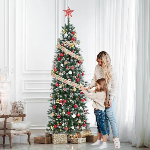 Vista 7 de Árbol de Navidad artificial flocado de nieve de 6 pies, árbol de Navidad delgado sin luz con piñas, puntas de ramas de PVC, soporte de metal