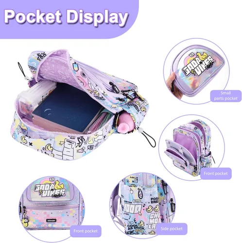 Vista 5 de Mochila de 16 pulgadas para niñas preescolar, jardín de infantes, escuela primaria, mochila escolar púrpura con múltiples bolsillos, ligera, Kawaii